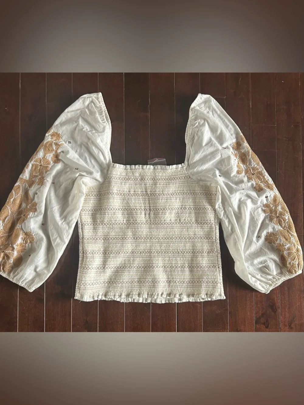 NWT Anthropologie Smocked Embroidered Puff Sleeve Square Neck Top Large
